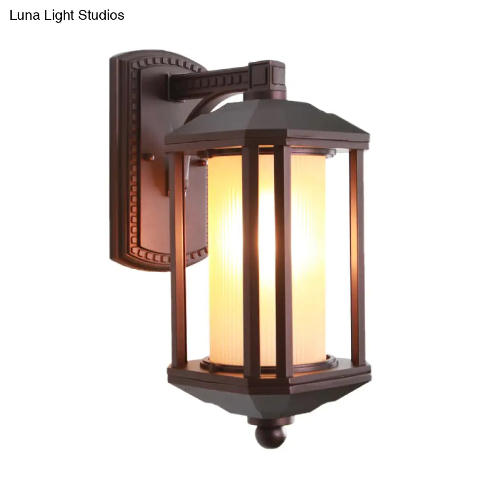 Country Dark Coffee Cylinder Wall Light Sconce With Frosted Glass - Outdoor Lighting Idea