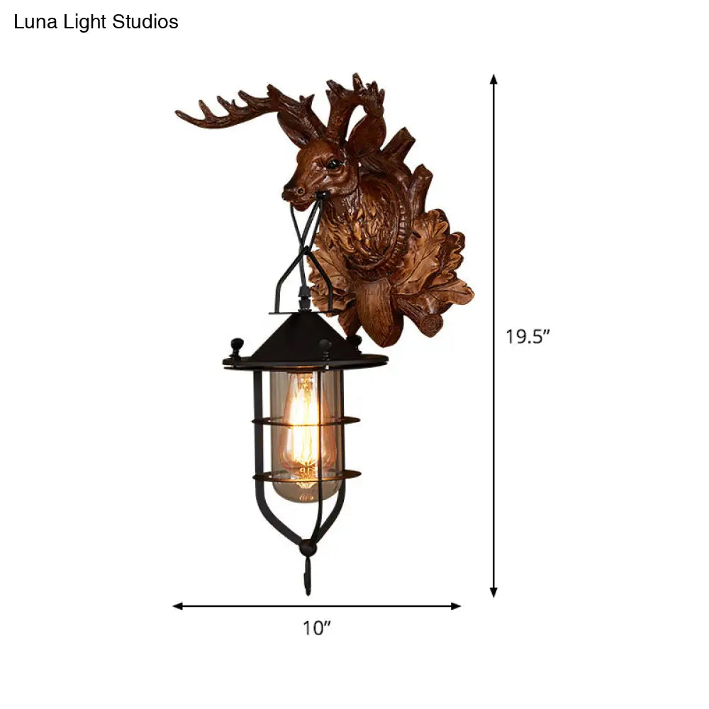 Country Dark Wood Resin Wall Lamp With Cage For Living Room - Elk Sconce Light Fixture