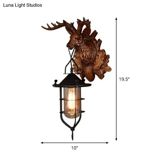 Country Dark Wood Resin Wall Lamp With Cage For Living Room - Elk Sconce Light Fixture