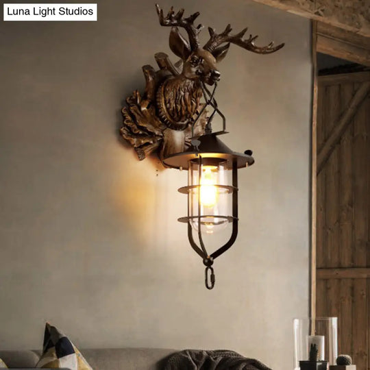 Country Dark Wood Resin Wall Lamp With Cage For Living Room - Elk Sconce Light Fixture