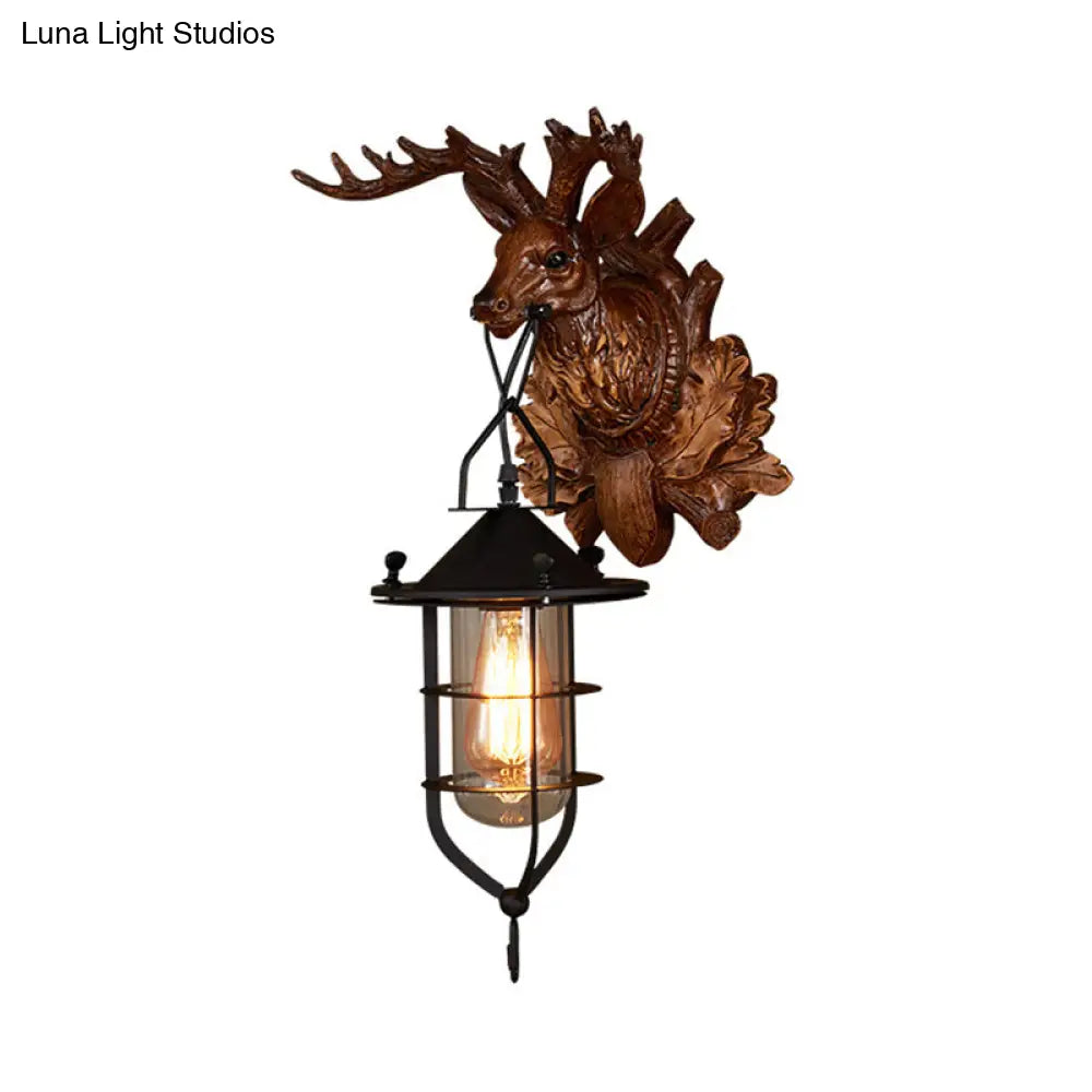 Country Dark Wood Resin Wall Lamp With Cage For Living Room - Elk Sconce Light Fixture