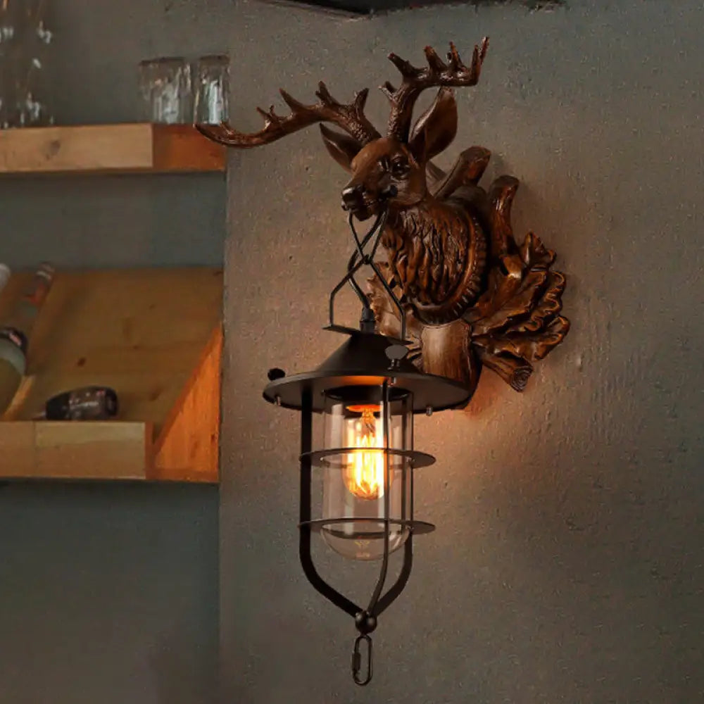 Country Dark Wood Resin Wall Lamp With Cage For Living Room - Elk Sconce Light Fixture