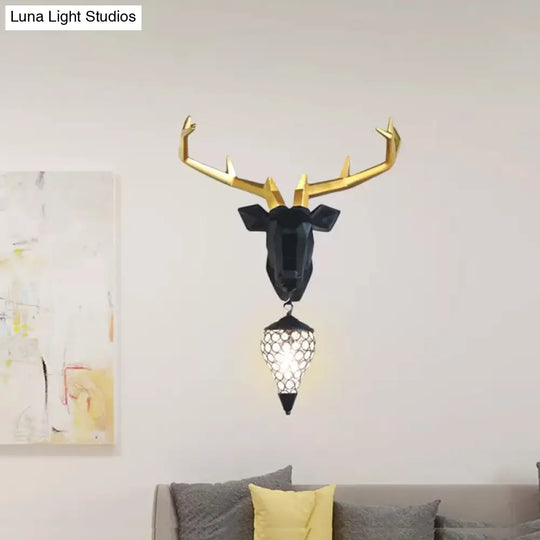 Country Deer Resin Wall Lamp With Crystal Shade - Black/Gold 1 Light Sconce Fixture