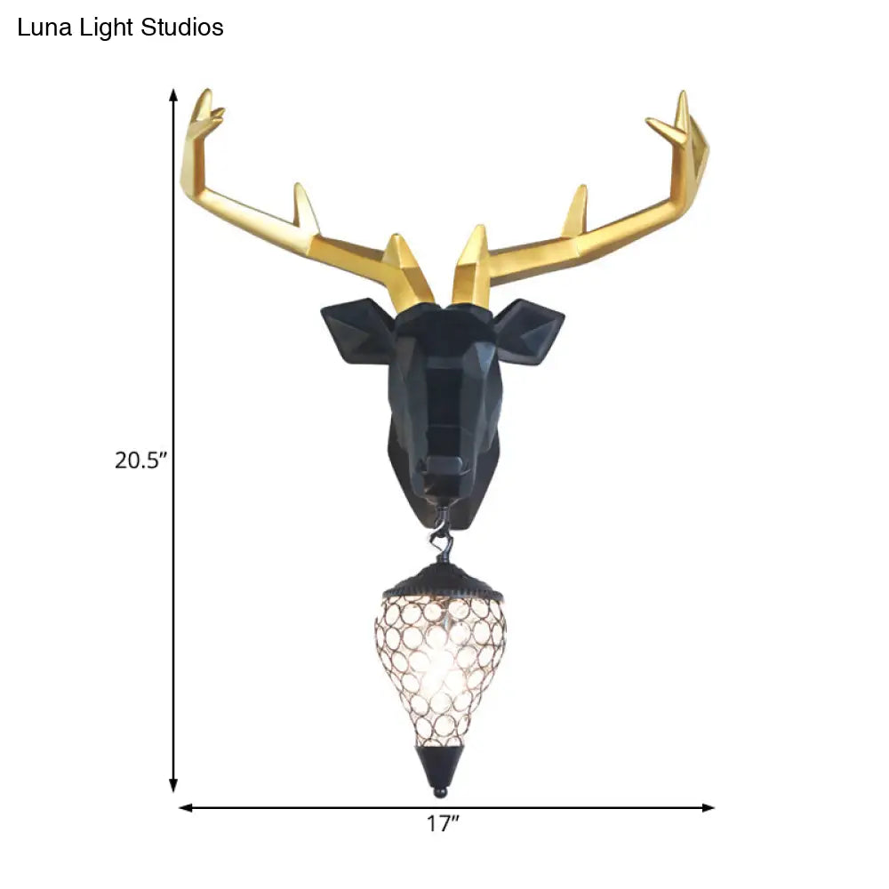 Country Deer Resin Wall Lamp With Crystal Shade - Black/Gold 1 Light Sconce Fixture