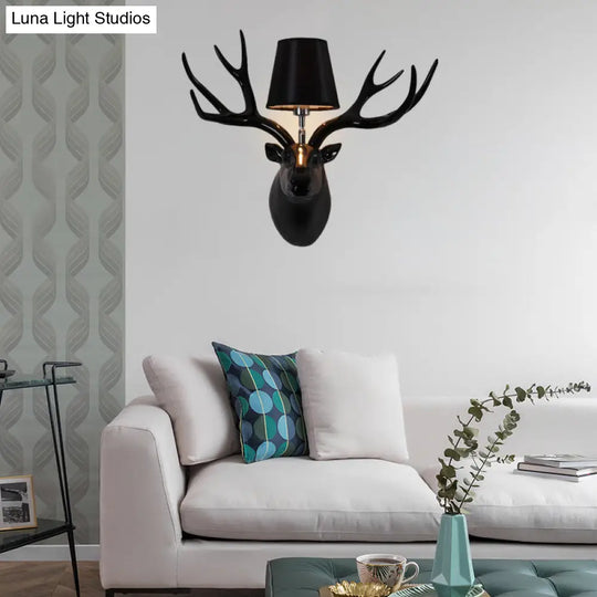 Country Deer Wall Sconce With Fabric Shade - Black/Matte Black/White