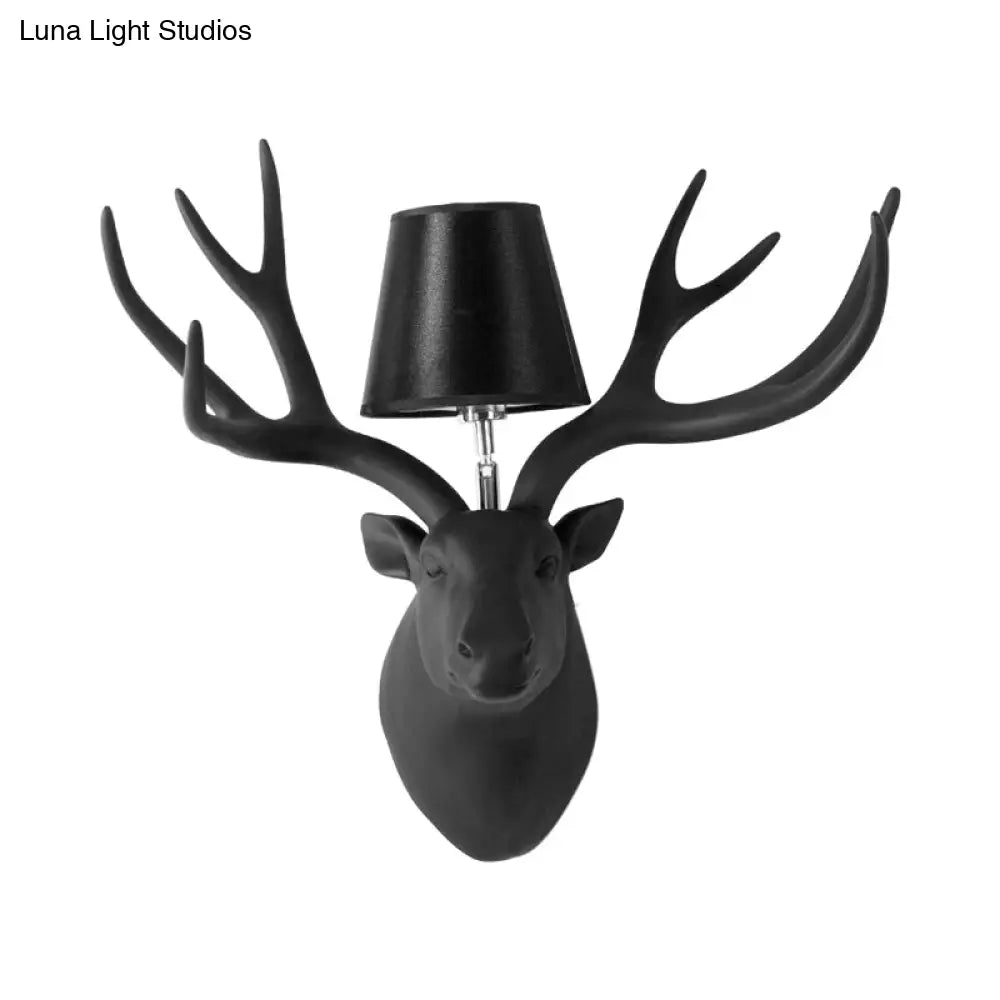 Country Deer Wall Sconce With Fabric Shade - Black/Matte Black/White