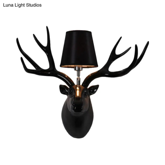 Country Deer Wall Sconce With Fabric Shade - Black/Matte Black/White