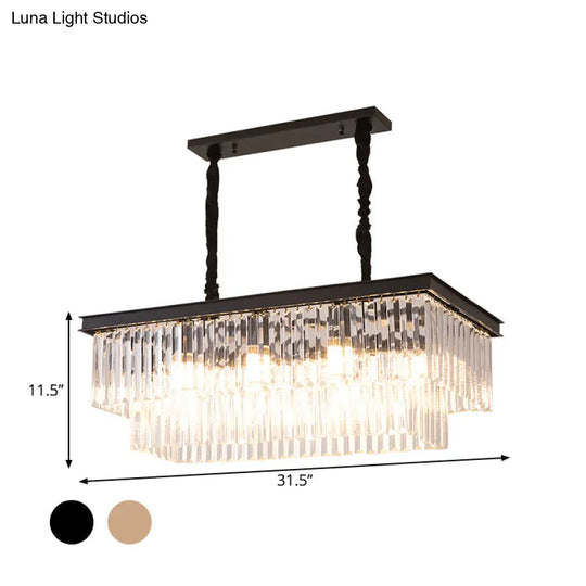 Country Dining Room Island Lamp With Rectangular Crystal Shade - 8 Bulbs Hanging Light Kit