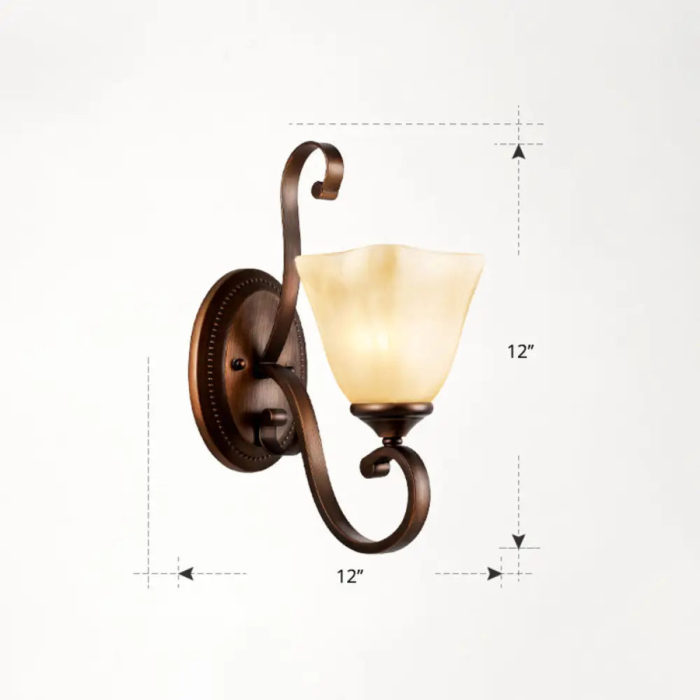 Country Dining Room Wall Sconce With Beige Glass Shade & Coffee Scroll Arm 1 / Flared