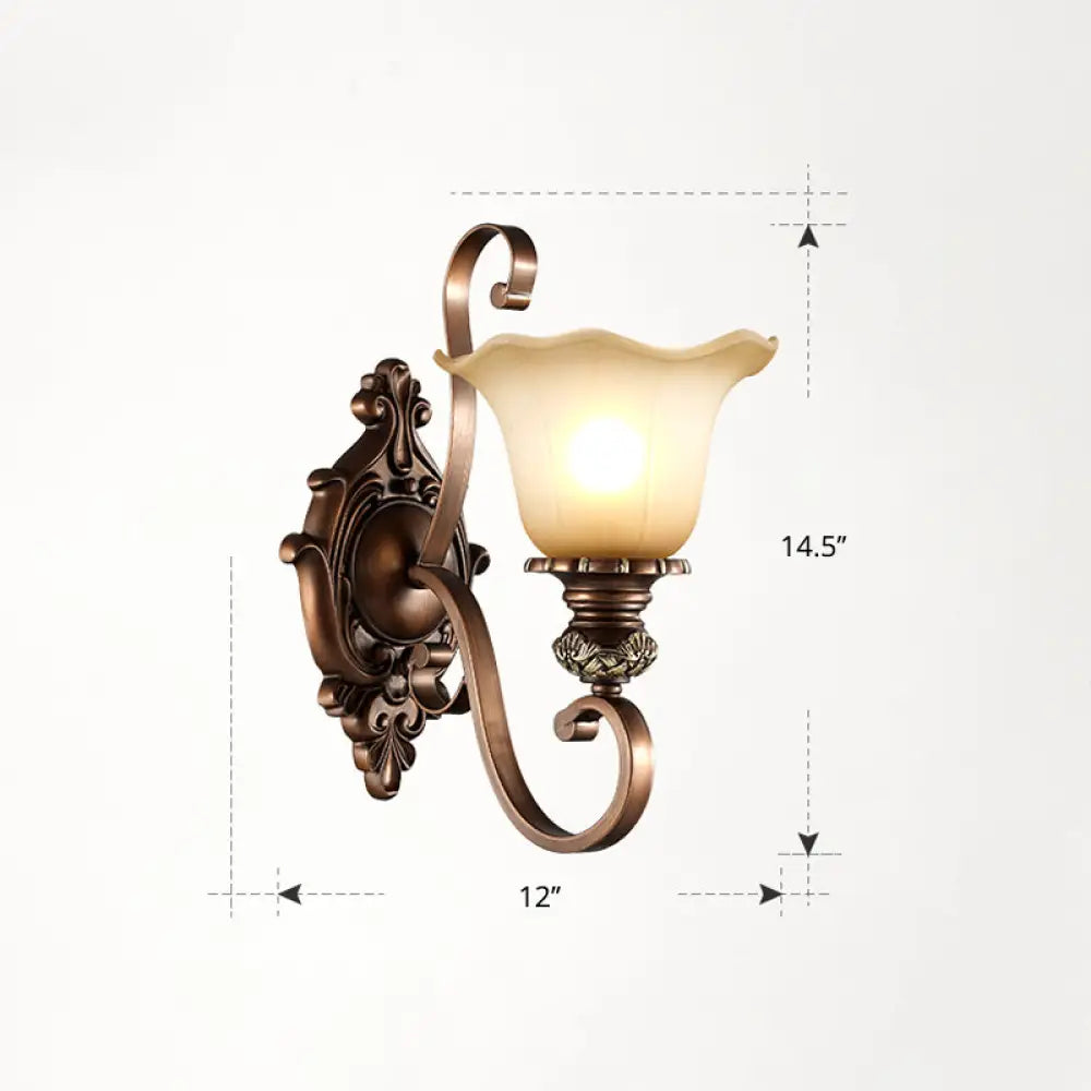 Country Dining Room Wall Sconce With Beige Glass Shade & Coffee Scroll Arm 1 / Flower Shape