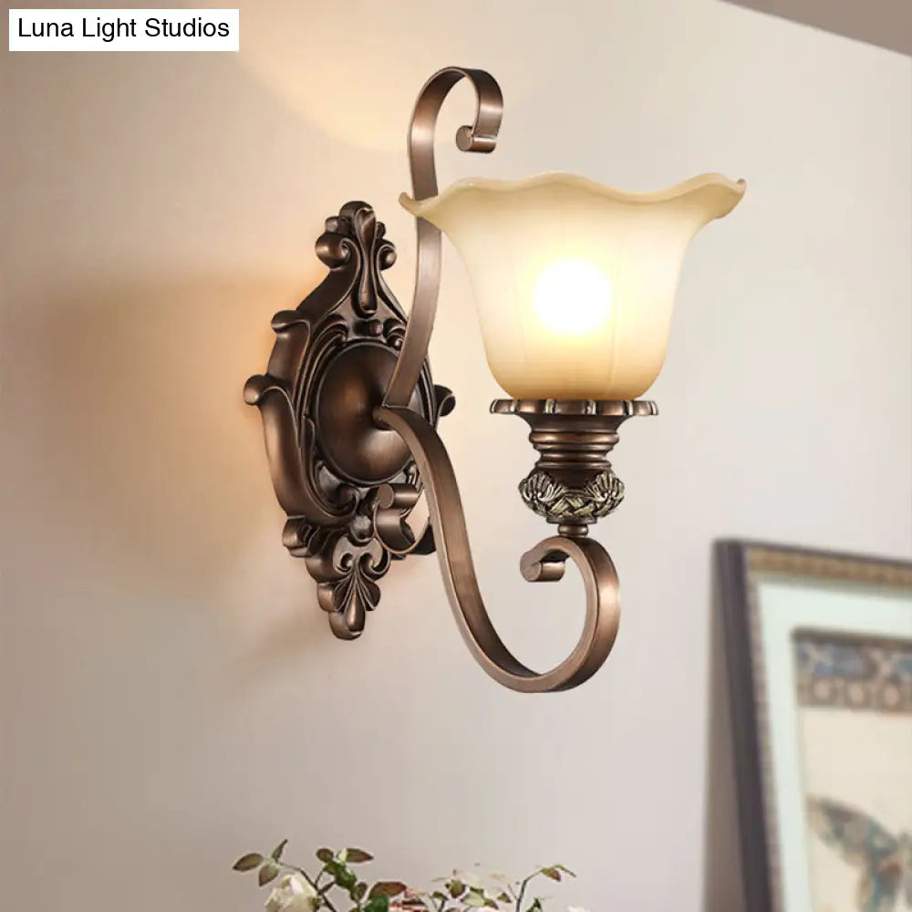 Country Dining Room Wall Sconce With Beige Glass Shade & Coffee Scroll Arm