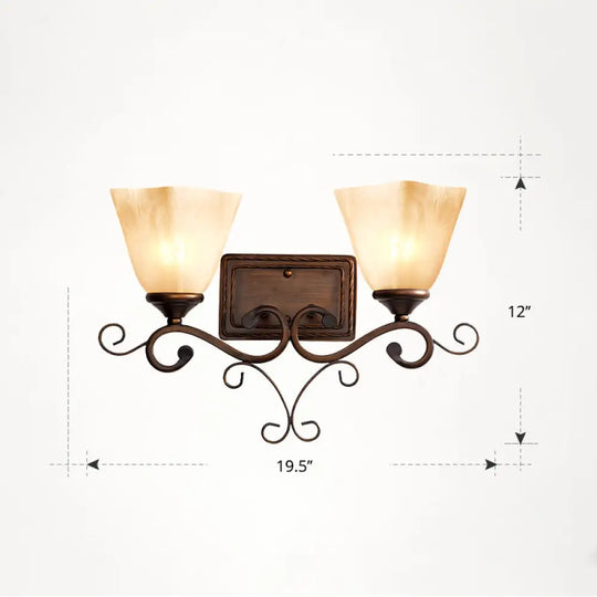 Country Dining Room Wall Sconce With Beige Glass Shade & Coffee Scroll Arm 2 / Flared