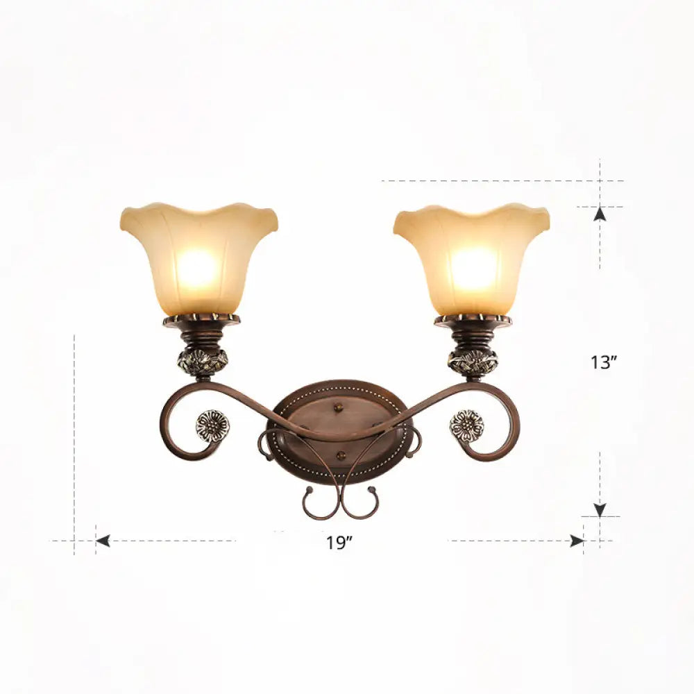 Country Dining Room Wall Sconce With Beige Glass Shade & Coffee Scroll Arm 2 / Flower Shape