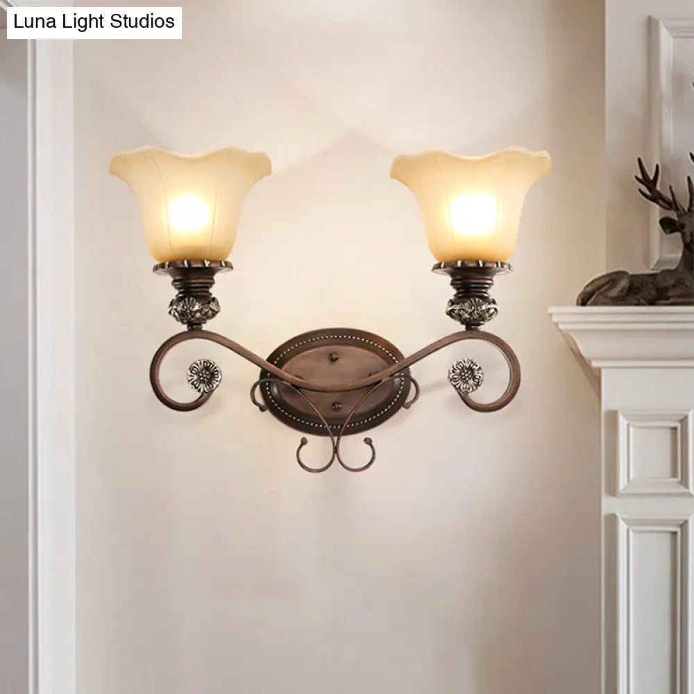 Country Dining Room Wall Sconce With Beige Glass Shade & Coffee Scroll Arm