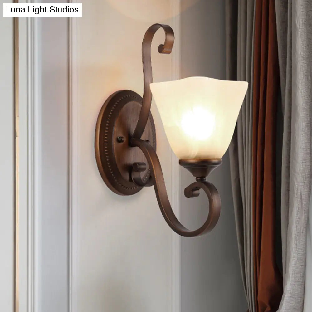 Country Dining Room Wall Sconce With Beige Glass Shade & Coffee Scroll Arm