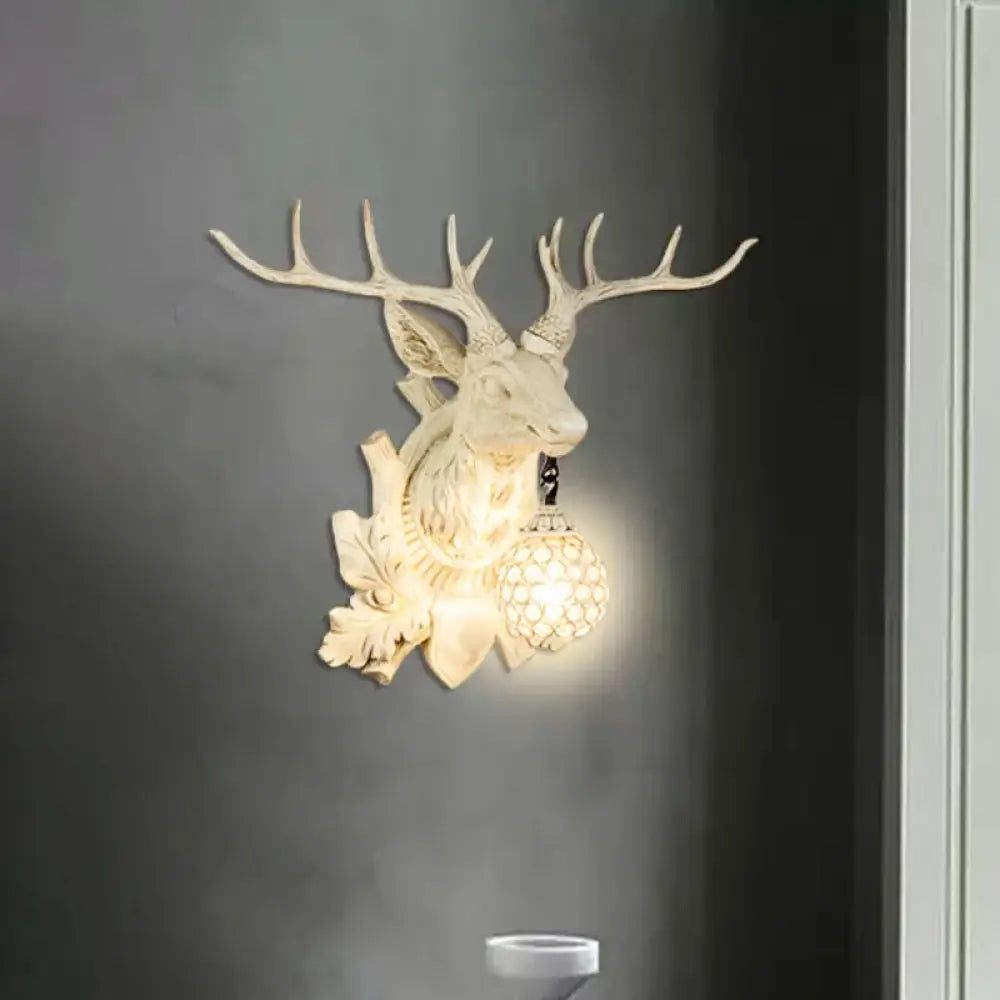 Country Elk Resin Sconce Light Fixture With Crystal Shade In White/Bronze White