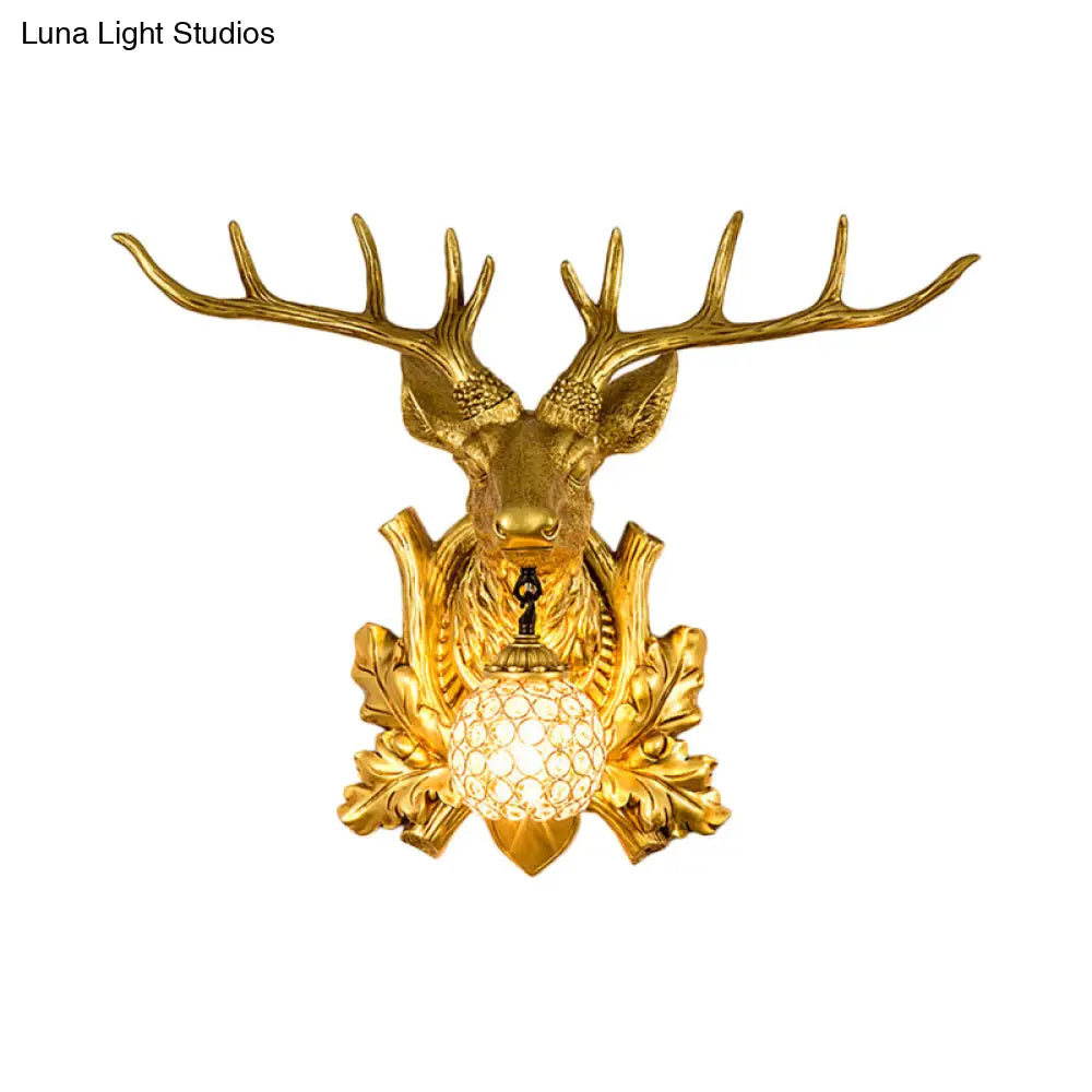 Country Elk Resin Sconce Light Fixture With Crystal Shade In White/Bronze