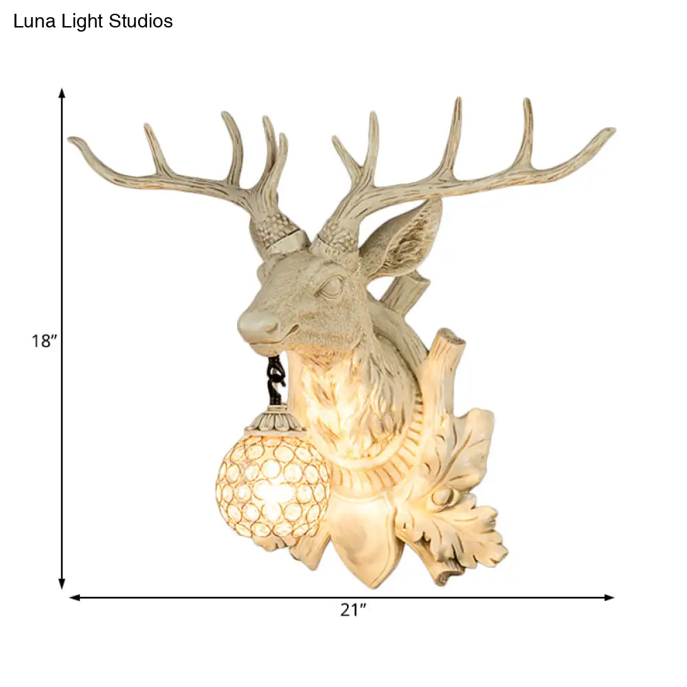 Country Elk Resin Sconce Light Fixture With Crystal Shade In White/Bronze