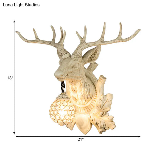 Country Elk Resin Sconce Light Fixture With Crystal Shade In White/Bronze