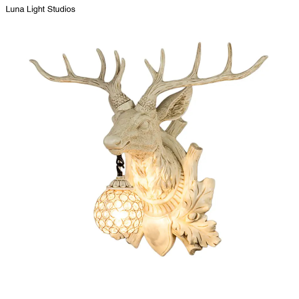 Country Elk Resin Sconce Light Fixture With Crystal Shade In White/Bronze