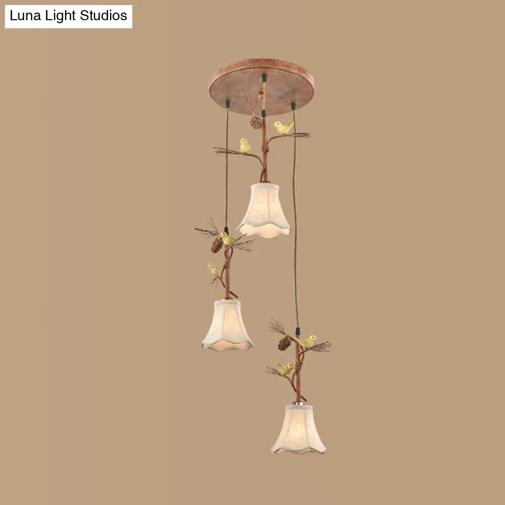 Country Fabric Flaxen Pendant Light With Scallop Design And Nature-Inspired Deco (3/5 Heads)