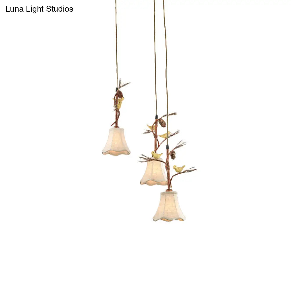 Country Fabric Flaxen Pendant Light With Scallop Design And Nature-Inspired Deco (3/5 Heads)