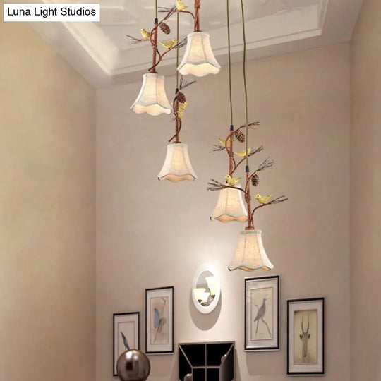 Country Fabric Flaxen Pendant Light With Scallop Design And Nature-Inspired Deco (3/5 Heads)