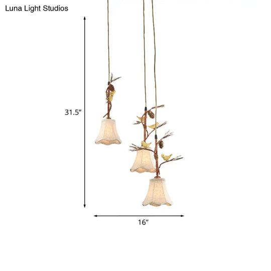 Country Fabric Flaxen Pendant Light With Scallop Design And Nature-Inspired Deco (3/5 Heads)