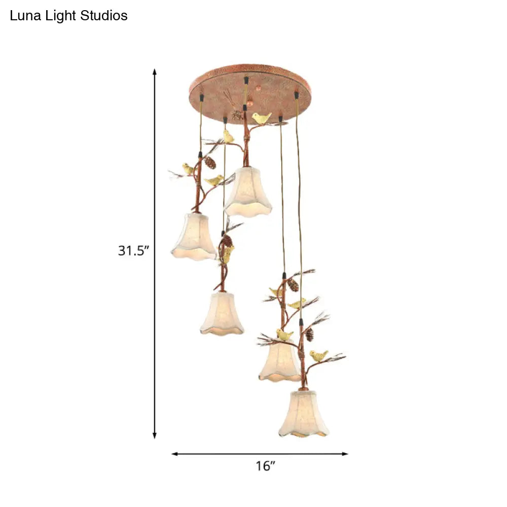 Country Fabric Flaxen Pendant Light With Scallop Design And Nature-Inspired Deco (3/5 Heads)