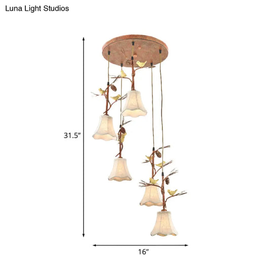 Country Fabric Flaxen Pendant Light With Scallop Design And Nature-Inspired Deco (3/5 Heads)