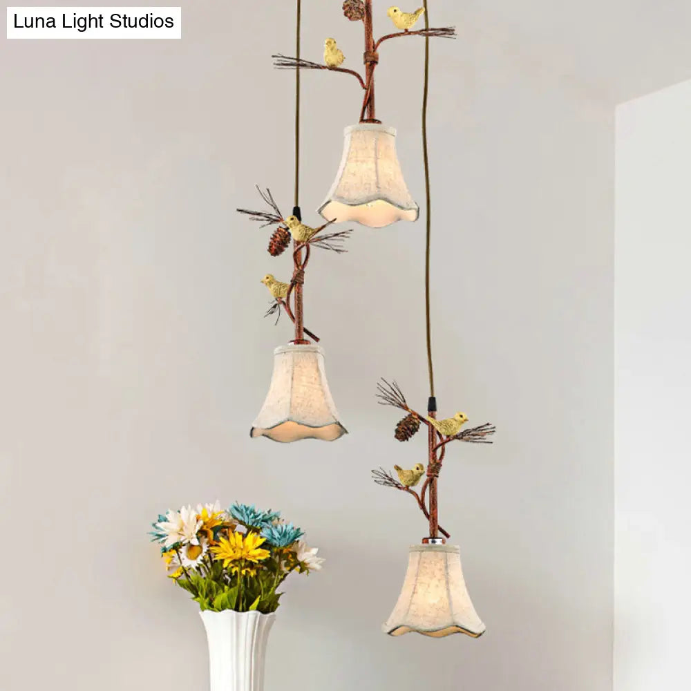 Country Fabric Flaxen Pendant Light With Scallop Design And Nature-Inspired Deco (3/5 Heads)