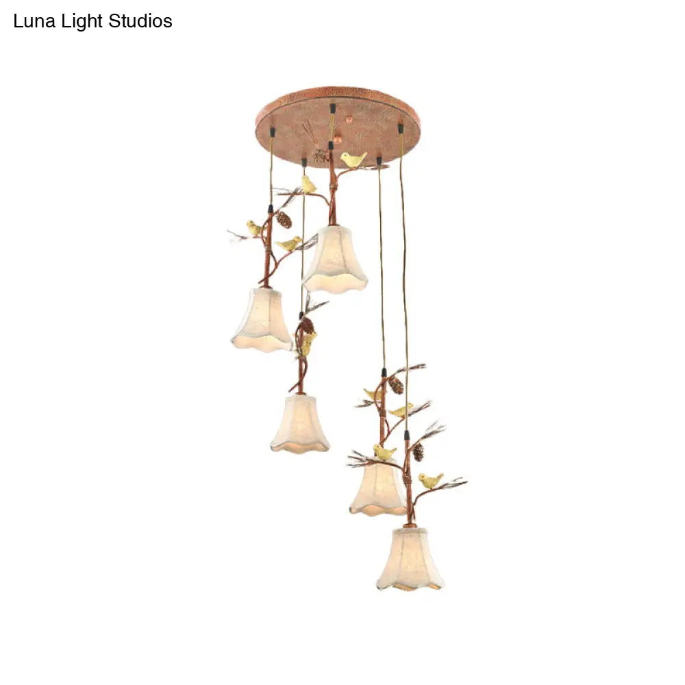 Country Fabric Flaxen Pendant Light With Scallop Design And Nature-Inspired Deco (3/5 Heads)