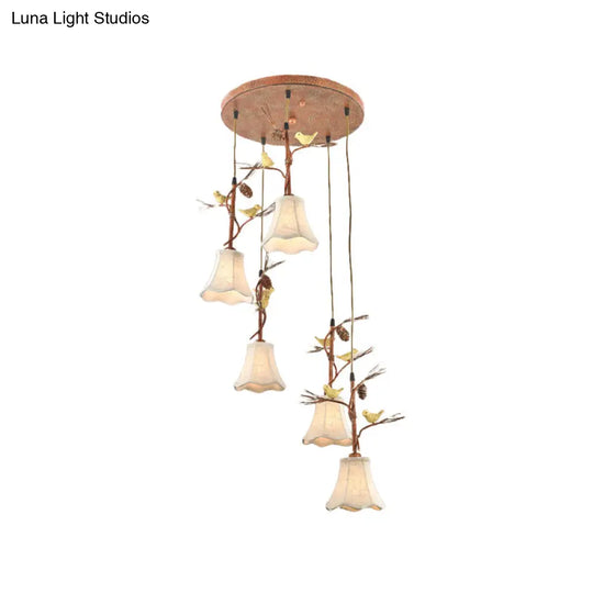 Country Fabric Flaxen Pendant Light With Scallop Design And Nature-Inspired Deco (3/5 Heads)