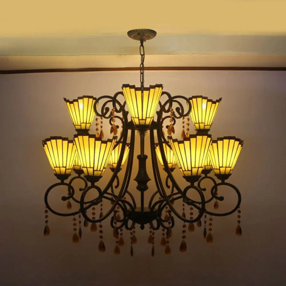 Country Geometric Hanging Pendant Stained Glass Chandelier - 11 Lights Crystal Pendants Yellow