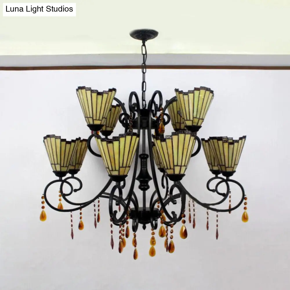 Country Geometric Hanging Pendant Stained Glass Chandelier - 11 Lights Crystal Pendants Yellow