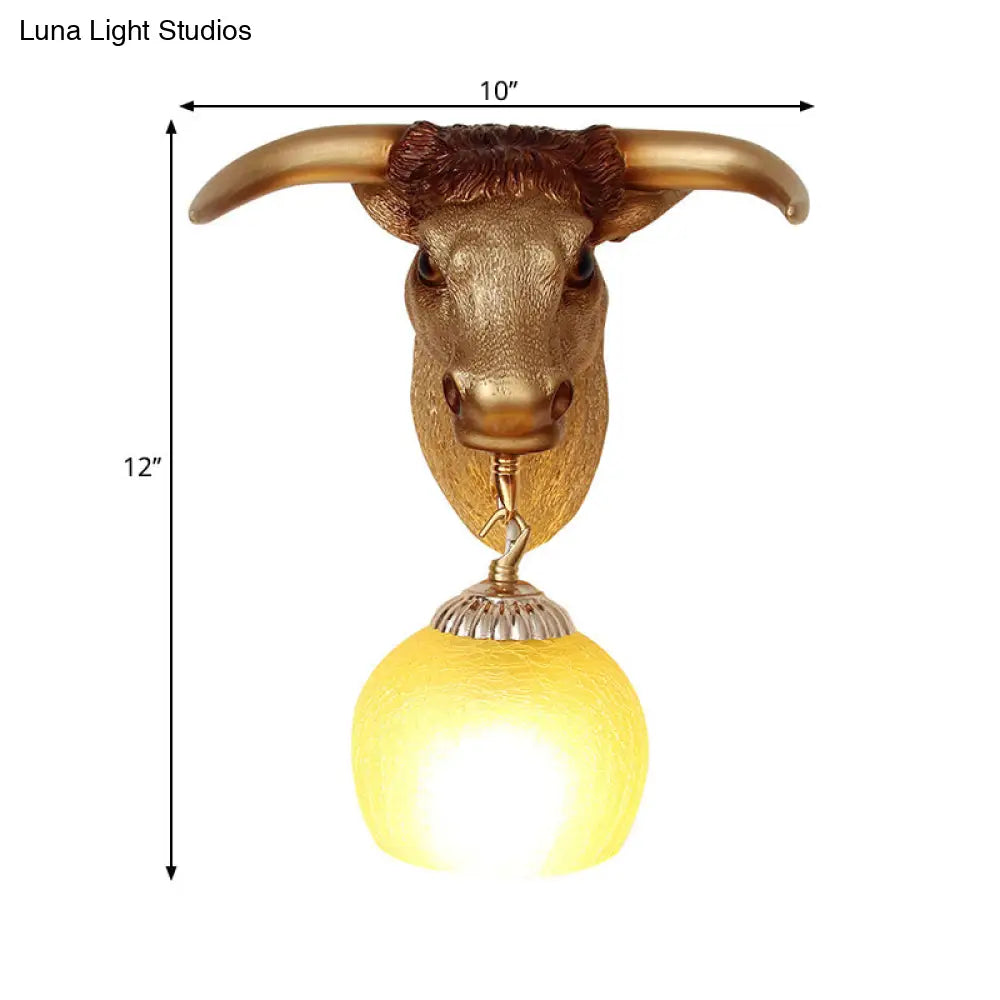 Country Gold Ox Head Wall Mounted Resin Lamp With Crackle Glass Shade