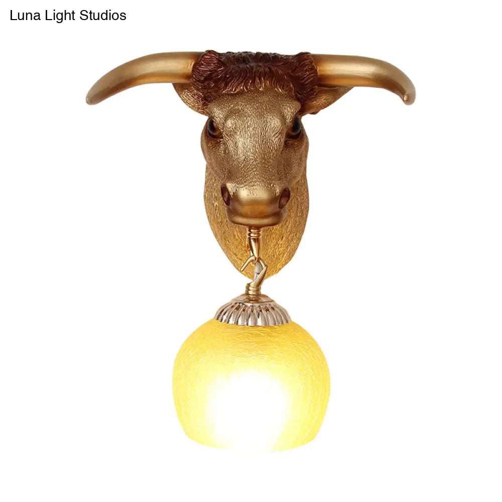 Country Gold Ox Head Wall Mounted Resin Lamp With Crackle Glass Shade