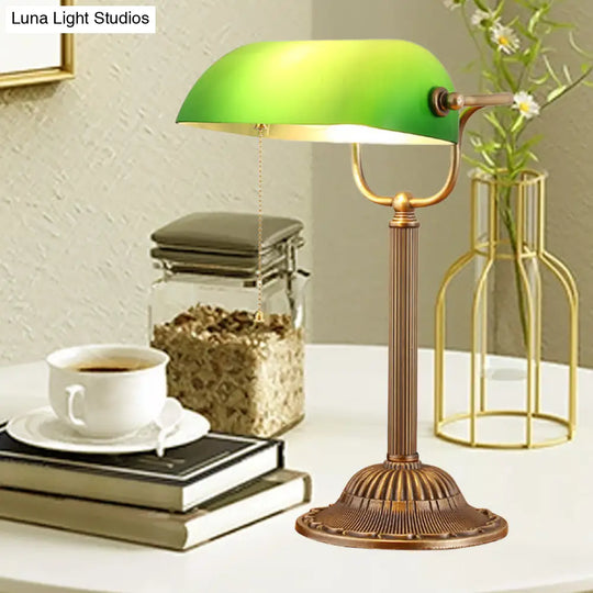 Country Green Glass Nightstand Lamp With Pull Chain For Bedroom - Metal Rollover Shade 1 Light Night