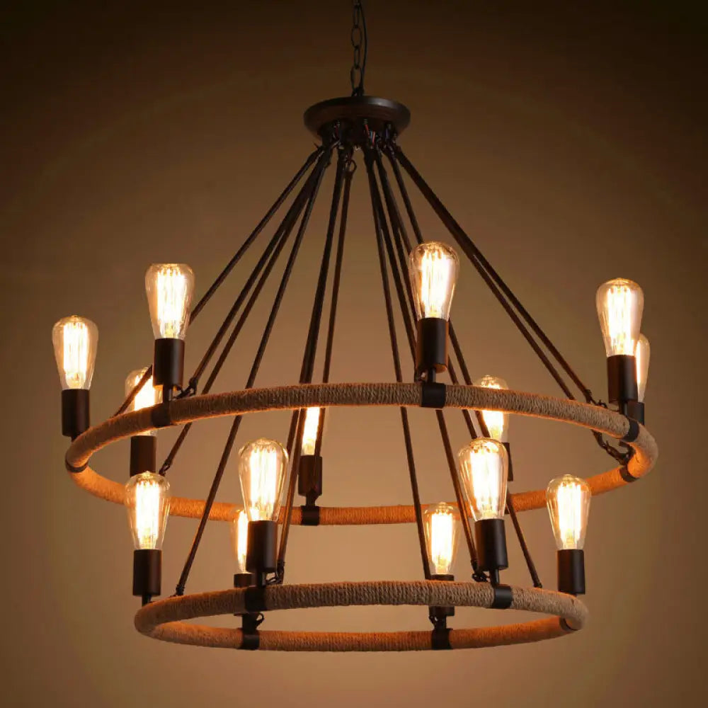 Country Hemp Rope Loop Chandelier - Hanging Ceiling Light Black Restaurant Lamp 14 /