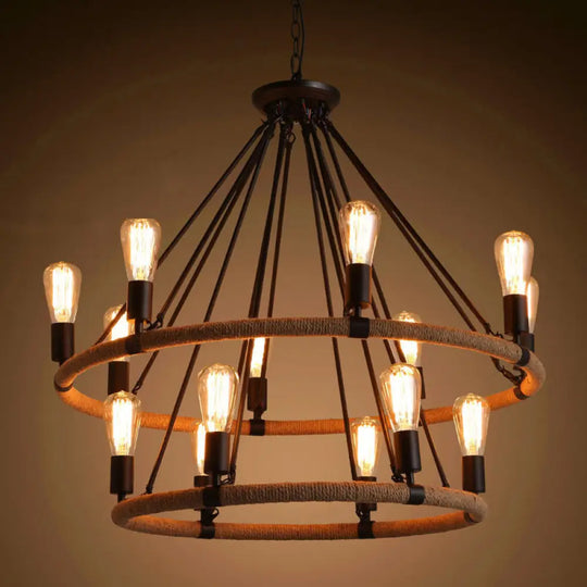 Country Hemp Rope Loop Chandelier - Hanging Ceiling Light Black Restaurant Lamp 14 /