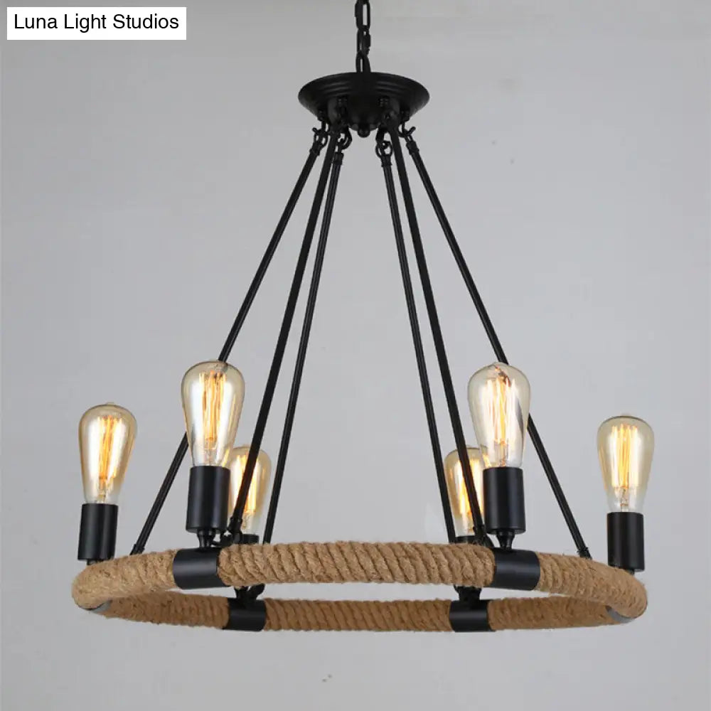 Country Hemp Rope Loop Chandelier - Hanging Ceiling Light In Black For Restaurants

This Revised