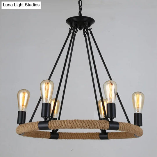 Country Hemp Rope Loop Chandelier - Hanging Ceiling Light In Black For Restaurants

This Revised