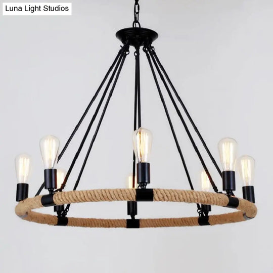 Country Hemp Rope Loop Chandelier - Hanging Ceiling Light In Black For Restaurants

This Revised