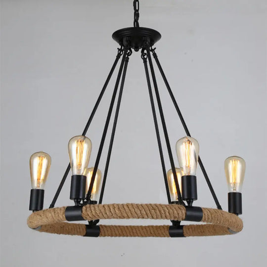 Country Hemp Rope Loop Chandelier - Hanging Ceiling Light Black Restaurant Lamp 6 /