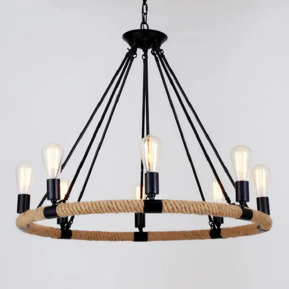 Country Hemp Rope Loop Chandelier - Hanging Ceiling Light Black Restaurant Lamp 8 /