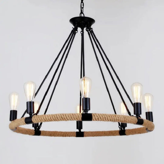 Country Hemp Rope Loop Chandelier - Hanging Ceiling Light Black Restaurant Lamp 8 /