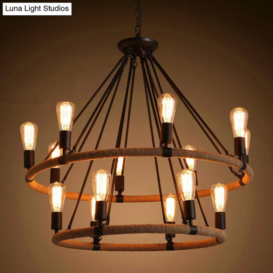 Country Hemp Rope Loop Chandelier - Hanging Ceiling Light In Black For Restaurants

This Revised