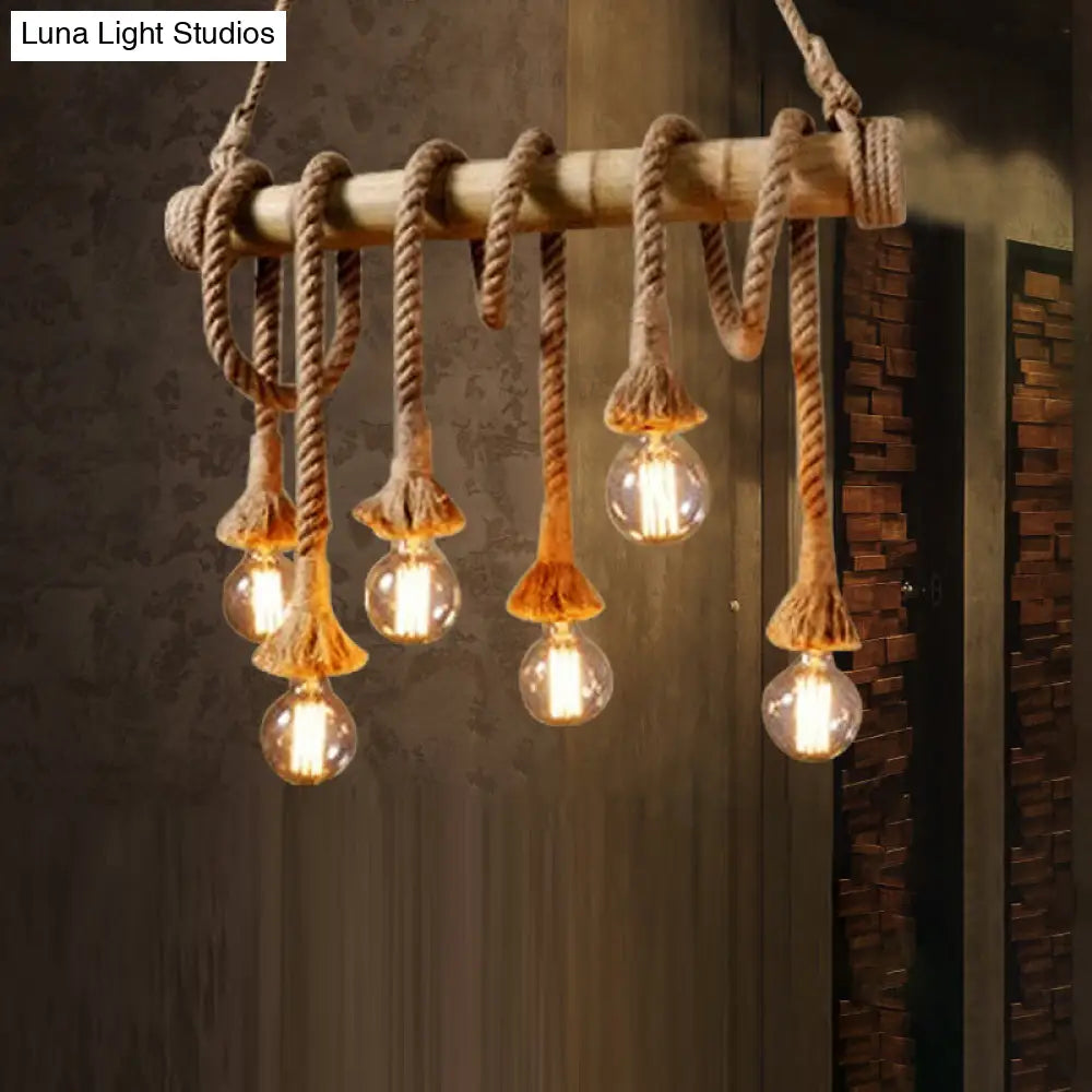 Country Hemp Rope Pendant Lighting With Bamboo Stick - 6 Bulbs Brown Finish