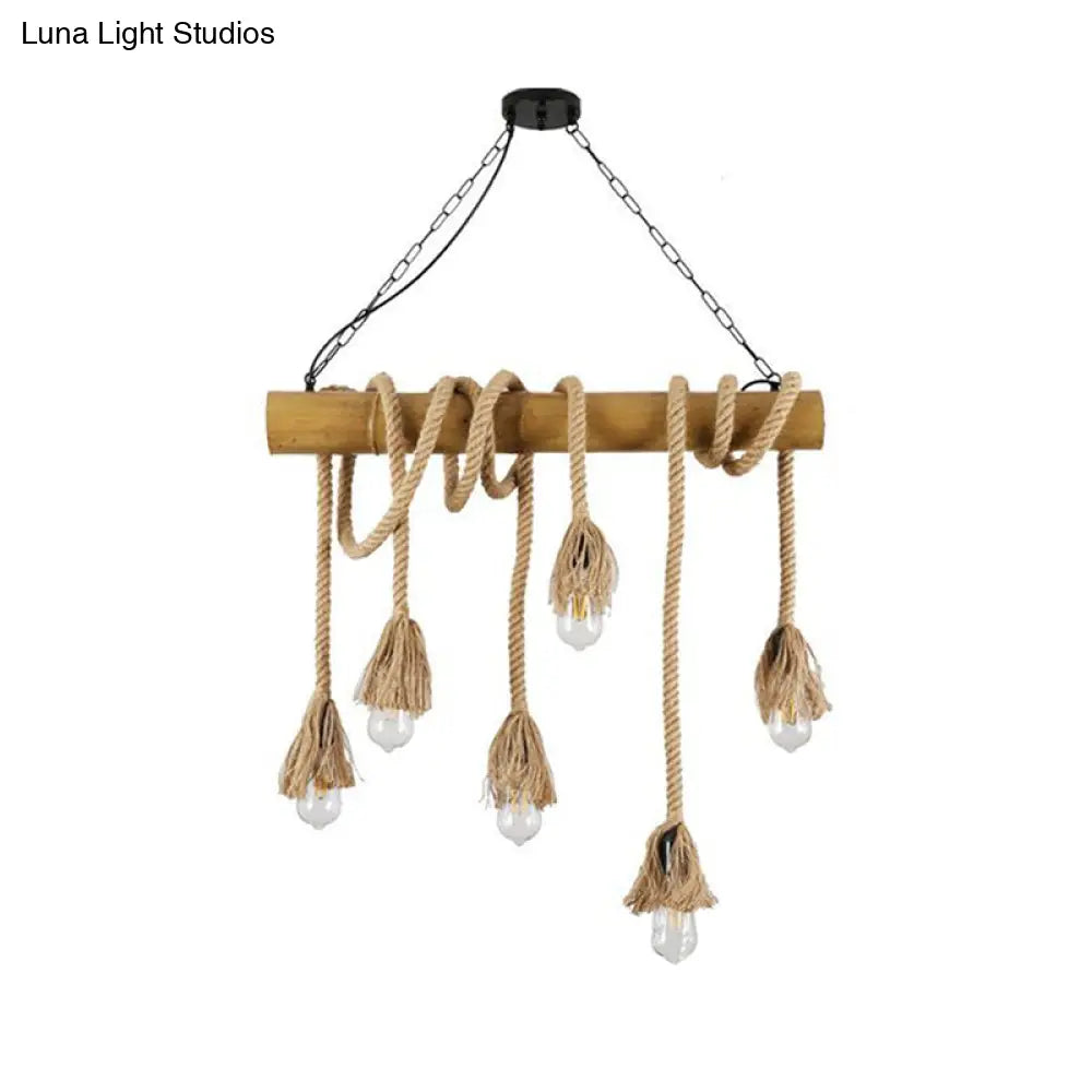 Country Hemp Rope Pendant Lighting With Bamboo Stick - 6 Bulbs Brown Finish