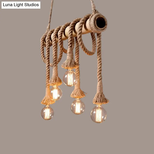 Country Hemp Rope Pendant Lighting With Bamboo Stick - 6 Bulbs Brown Finish